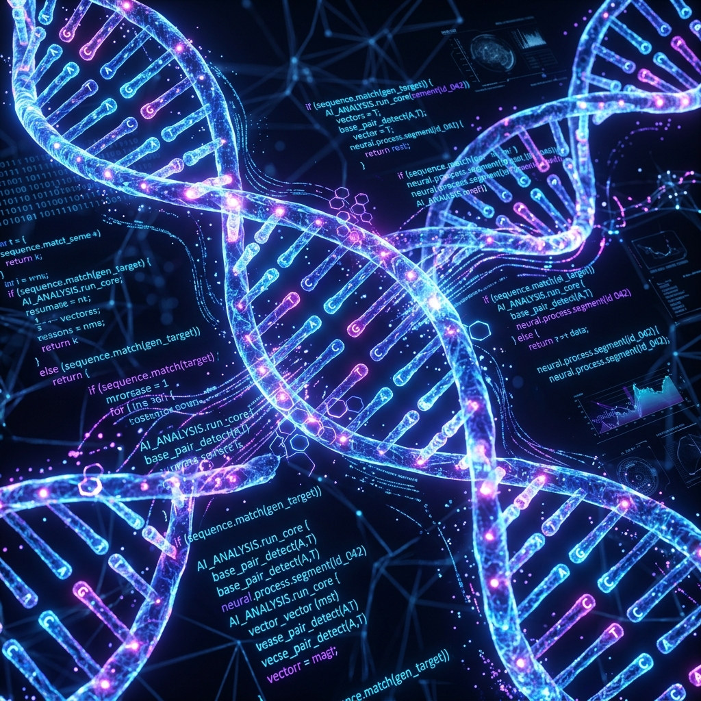 Glowing synthetic DNA strands analyzed by AI code.