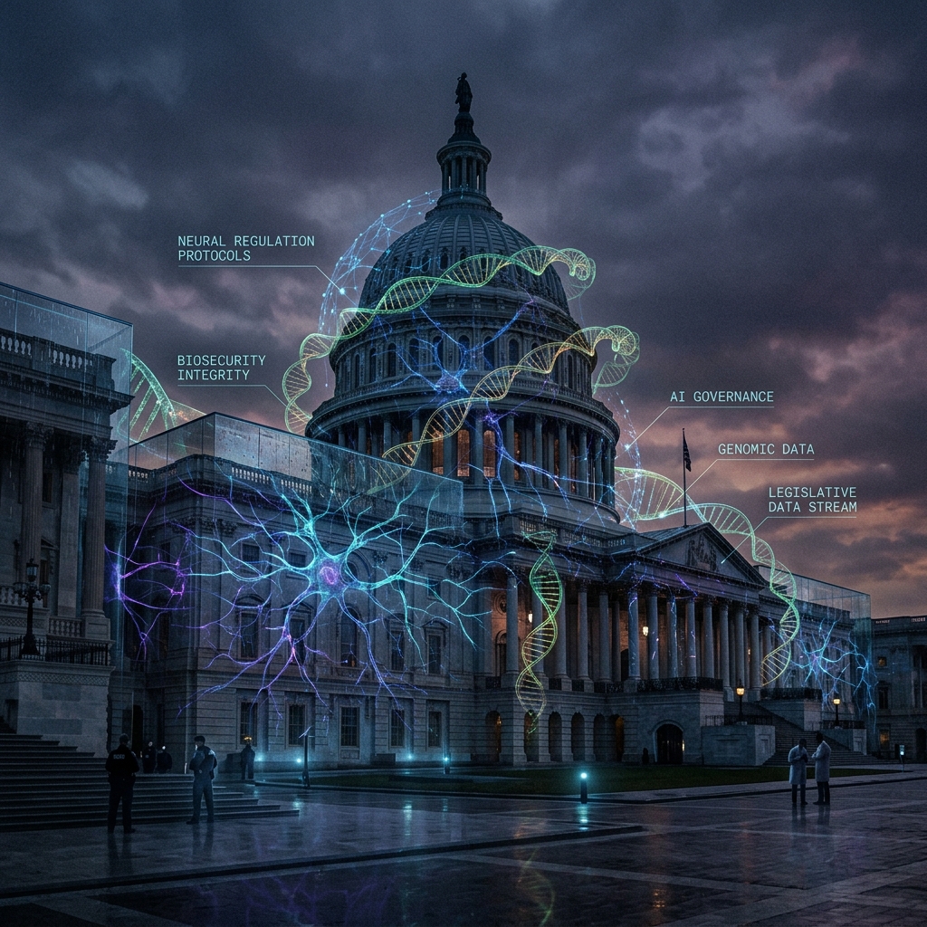 A digital representation of the US Capitol intertwined with AI neural networks and DNA helices, illustrating the biosecurity threat.