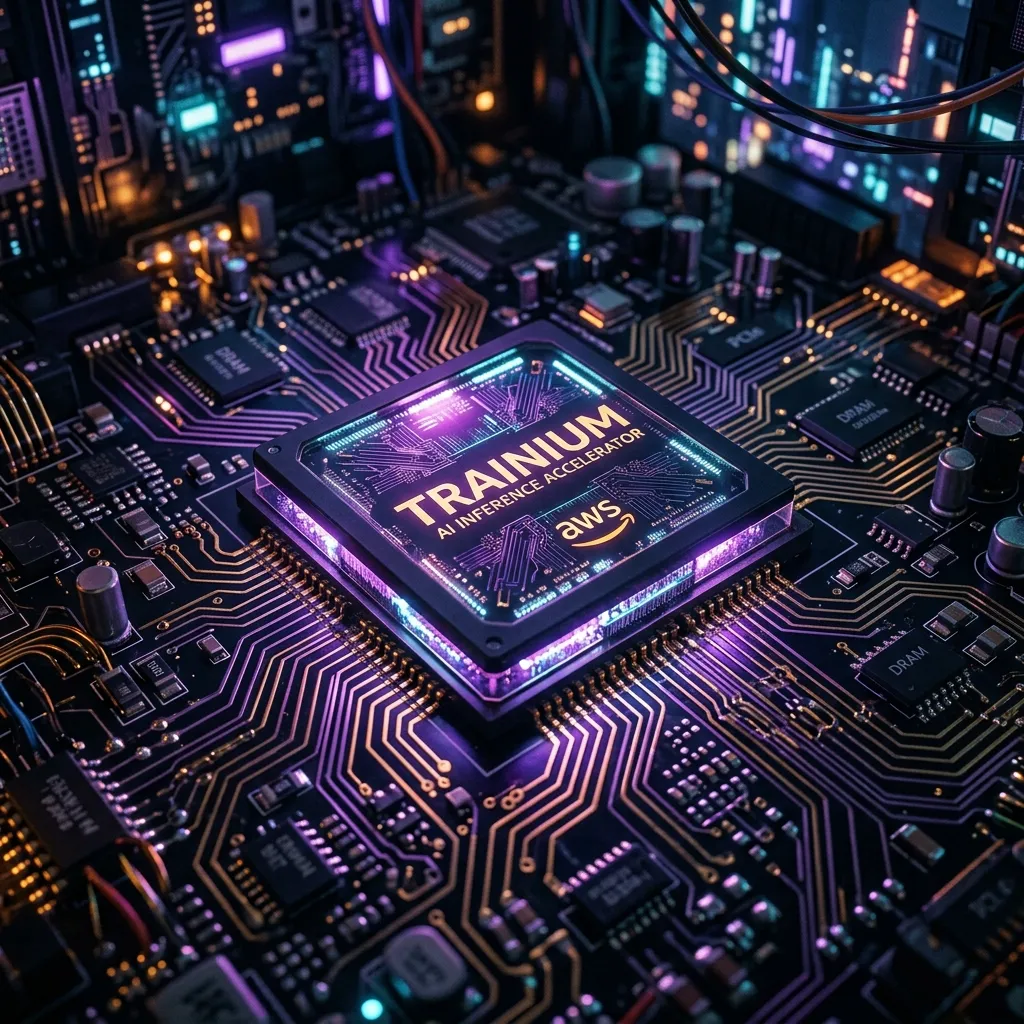 Macro shot of a highly advanced glowing AI inference chip named 'Trainium'. Cyberpunk aesthetics