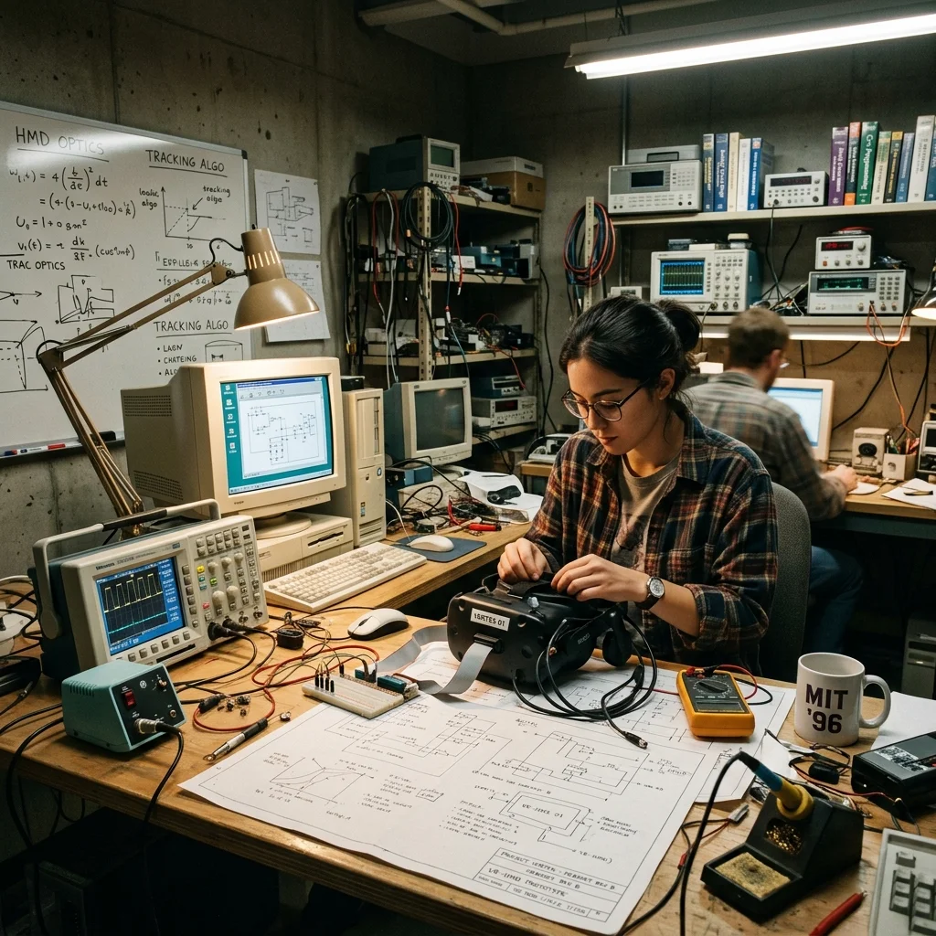 1990s VR engineering lab with blueprints and old tech