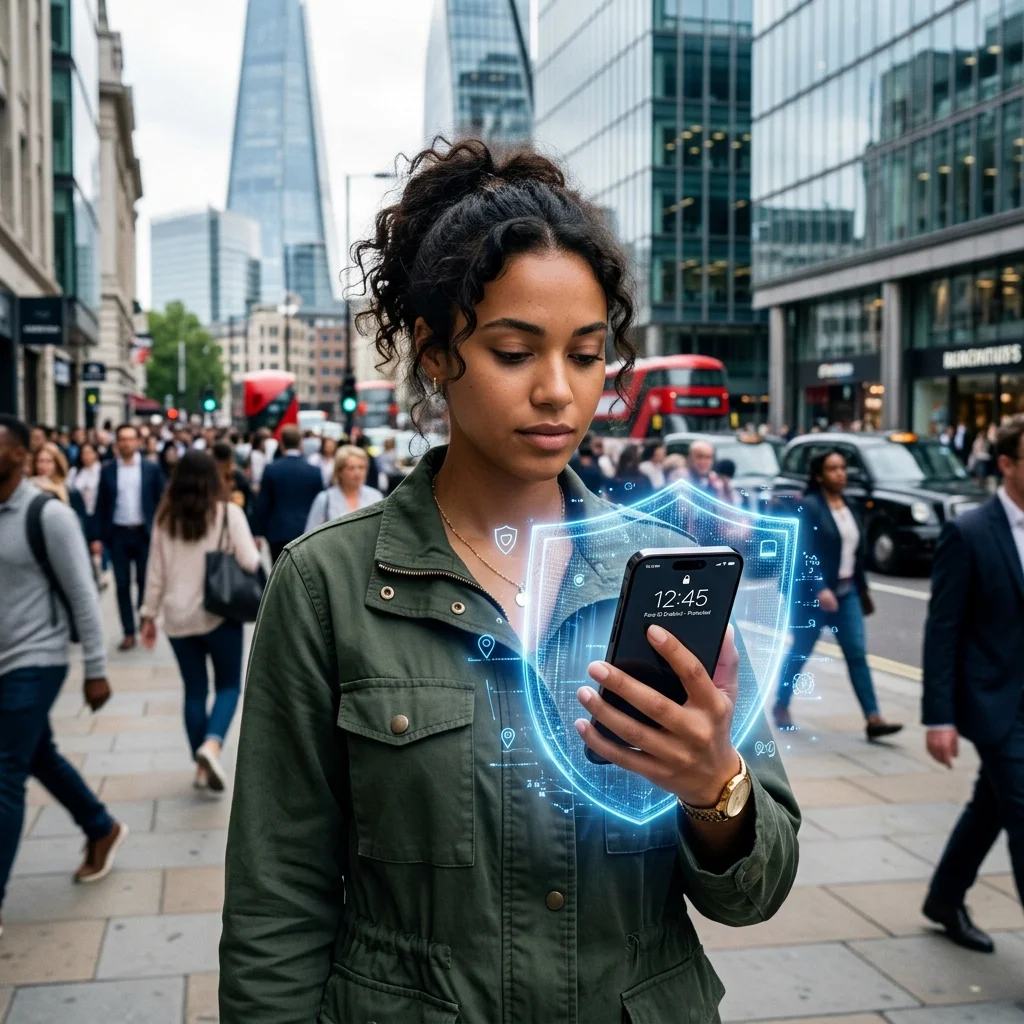 Person using an iPhone in a busy city with a subtle blue digital shield glowing around the device