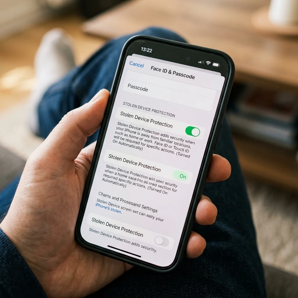 Close up of the iPhone settings menu displaying the Stolen Device Protection toggle turned on