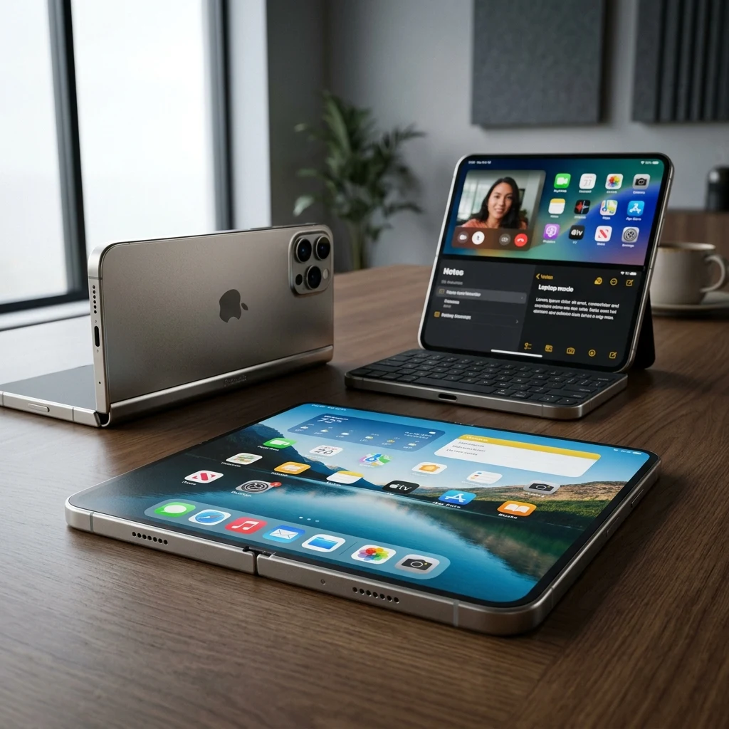 Apple iPhone Duo foldable smartphone displaying flat open mode and standing seated angle on an executive desk