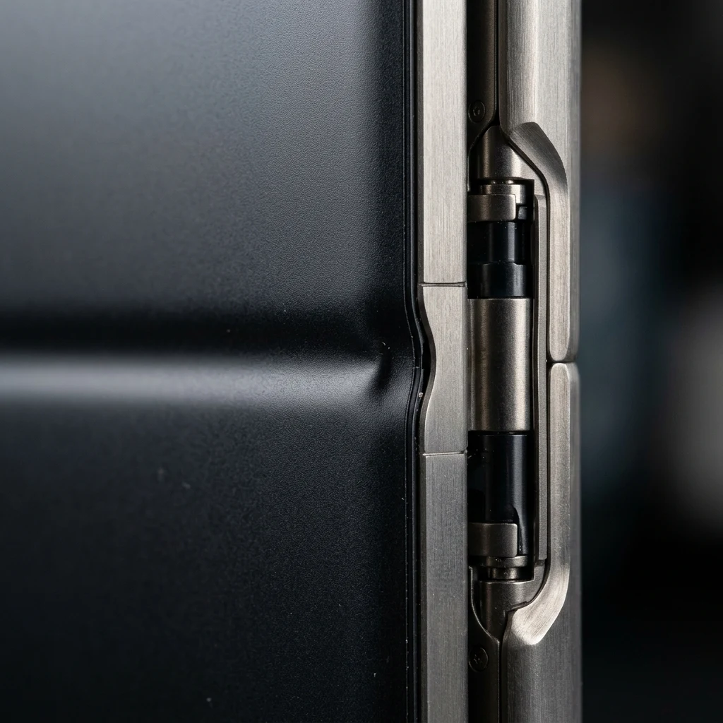 Macro detail of Apple iPhone Duo precision titanium hinge and seamless folding crease