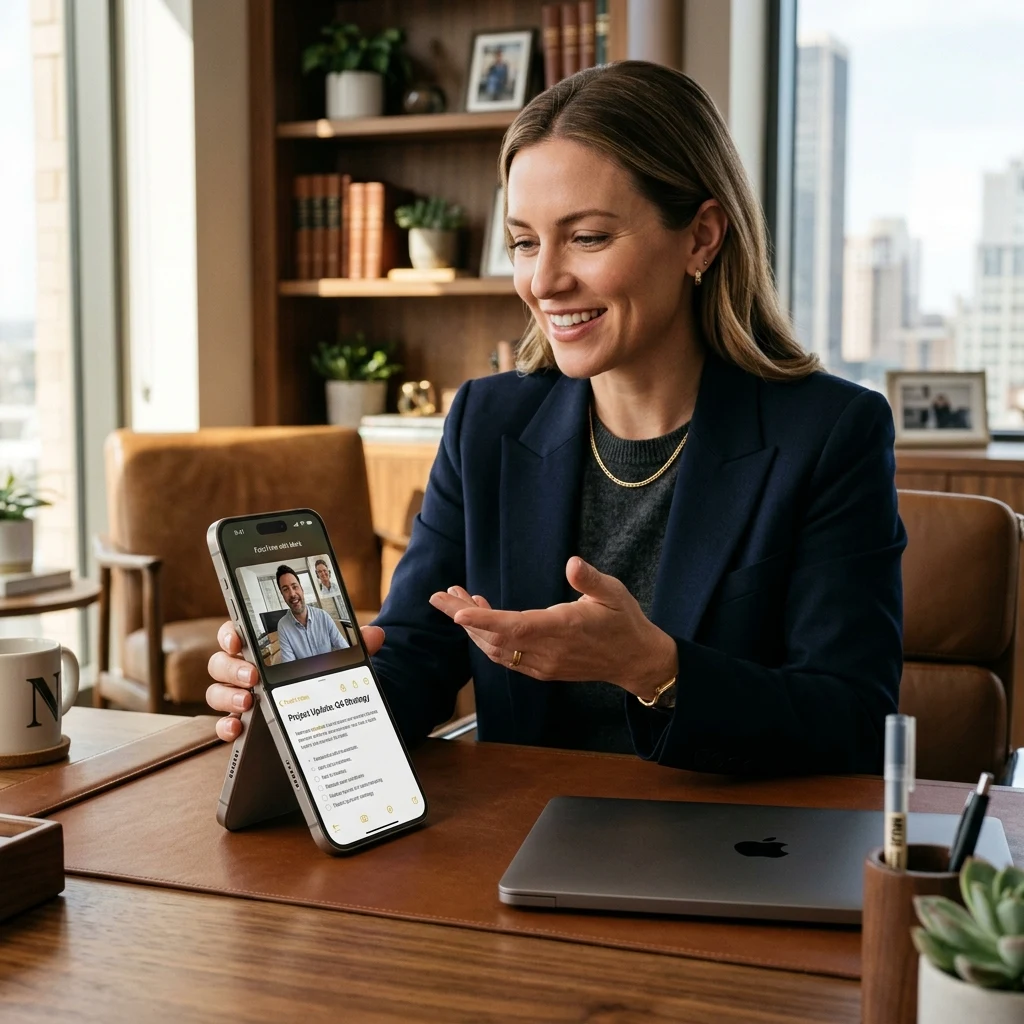 Professional using the iPhone Duo in half-folded standing mode for a FaceTime meeting
