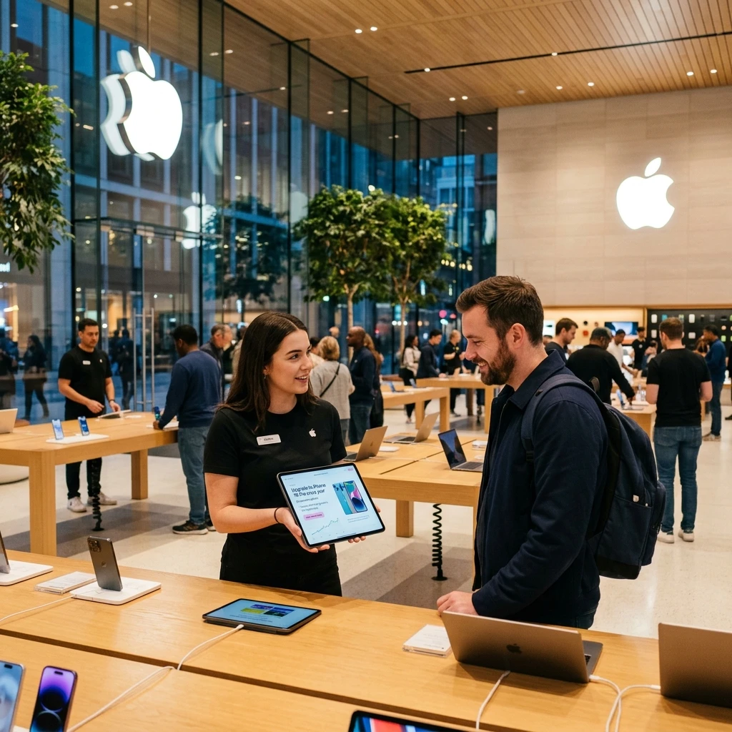 Customer in Apple Store reviewing Apple Upgrade lease application on an iPad with an Apple specialist