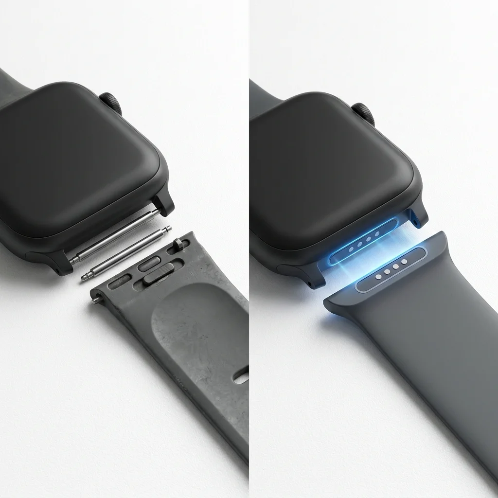 Apple Watch current sliding latch band system vs new magnetic band attachment system comparison