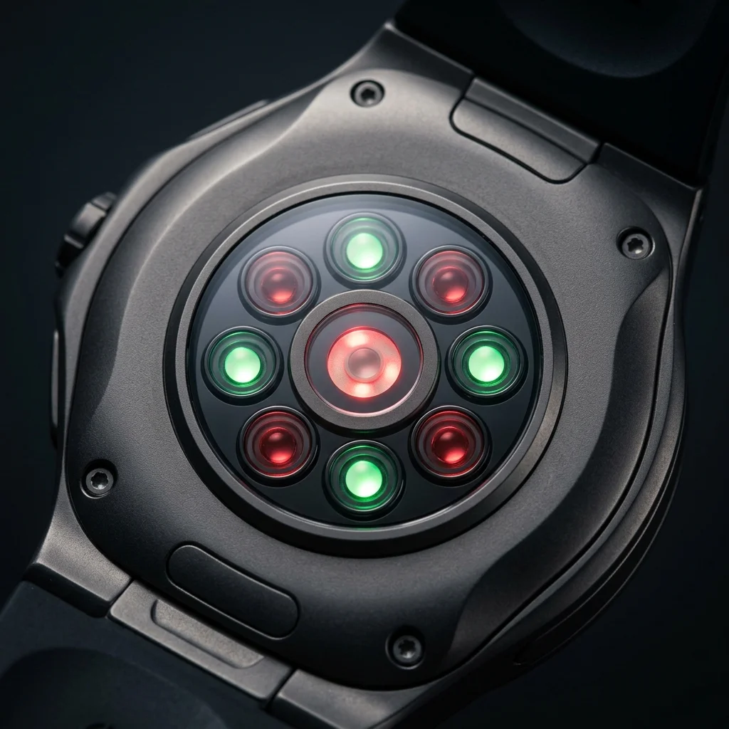 Apple Watch 2027 concept showing 8 health sensors arranged in a ring pattern on the watch underside