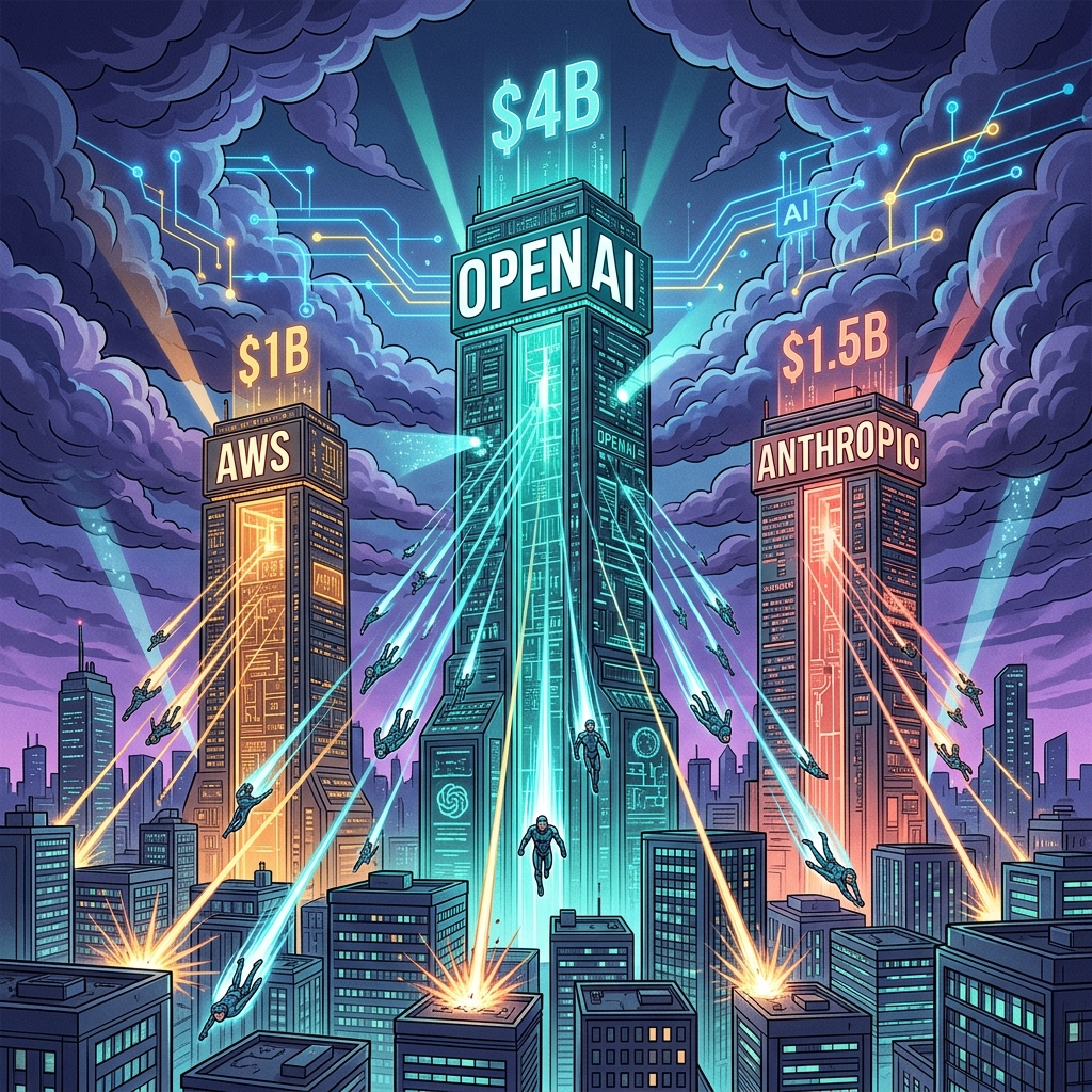 Three competing tech towers representing AWS, OpenAI, and Anthropic with forward deployed engineers falling like stars into business clients below, financial investment amounts floating above each tower