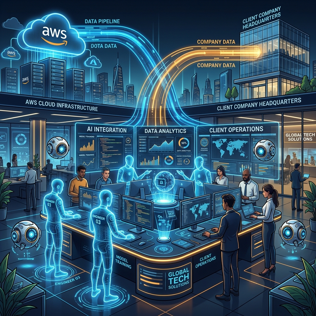 Holographic visualization of AWS forward deployed engineer pods embedded within a client company, working alongside AI agent orbs on digital dashboards and data pipelines
