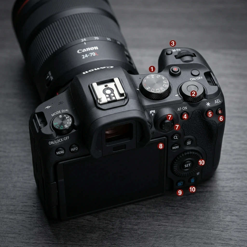 Overhead shot of Canon EOS R6 V control deck highlighting dials, joystick, and flip-out display