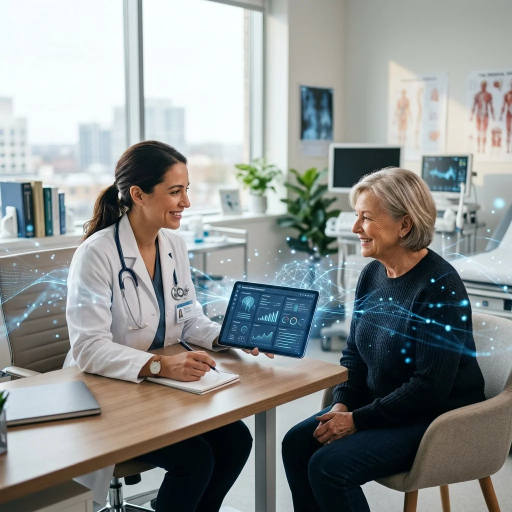 AI technology augmenting doctor-patient interaction with digital health data displayed on tablet