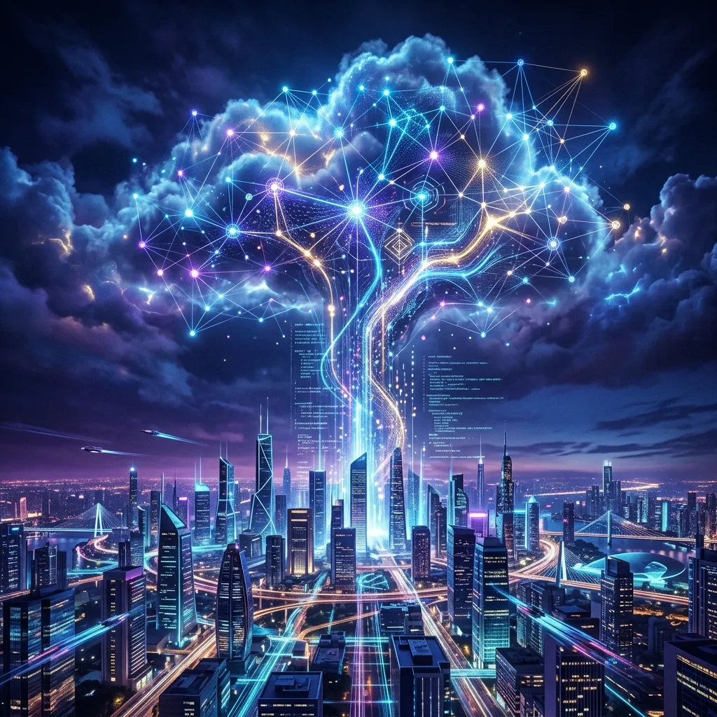 Abstract tech visualization of cloud computing platform. A glowing neural network extending into the clouds