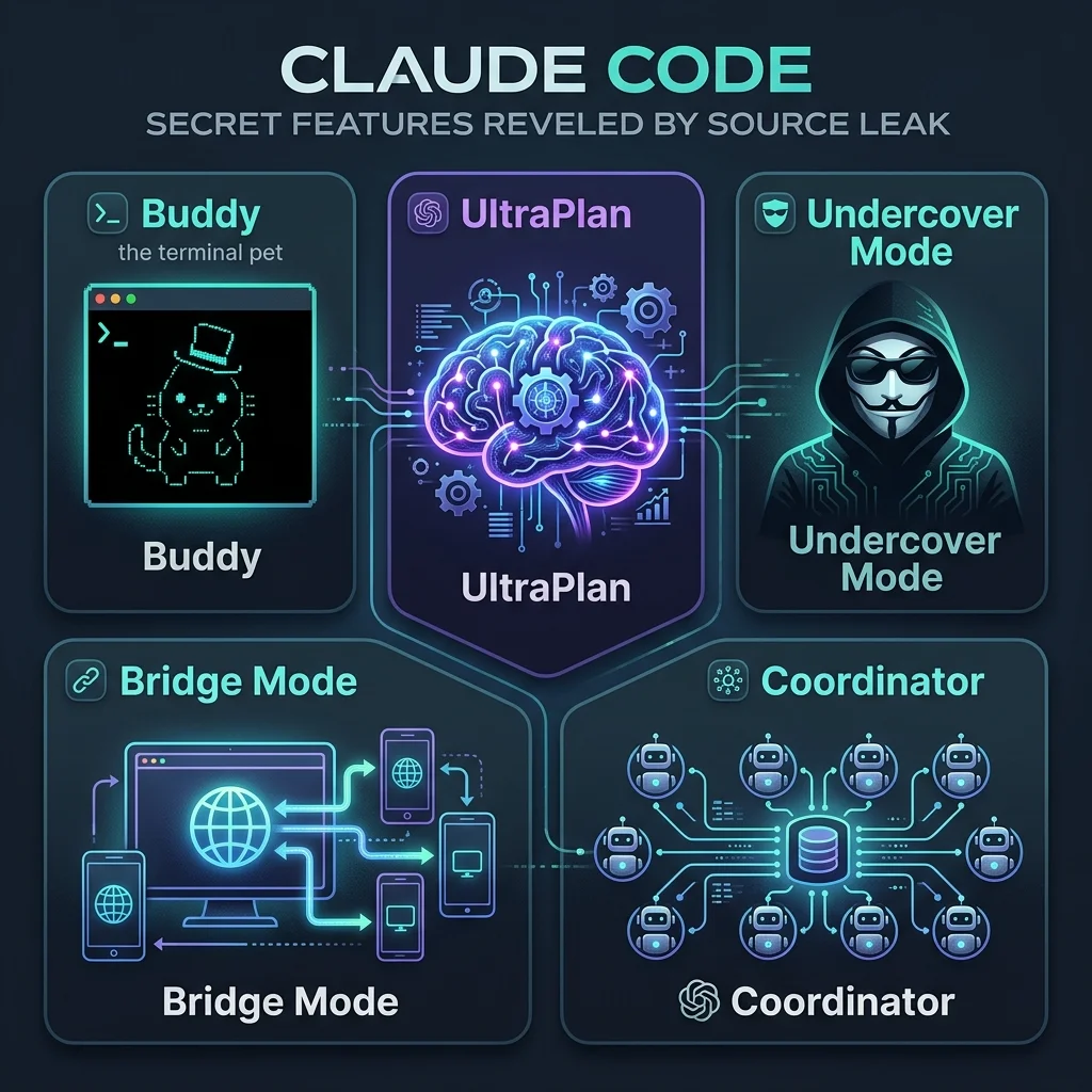 Infographic overview of all secret features revealed in the Anthropic Claude Code source code leak: Buddy, UltraPlan, Undercover Mode, Bridge Mode, and Coordinator.