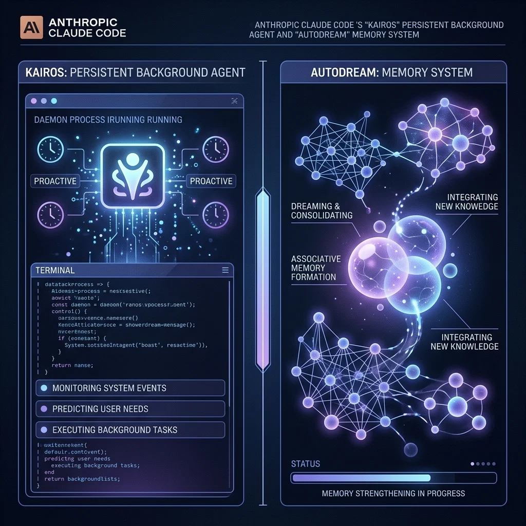 Concept art of the Kairos persistent daemon (left) and AutoDream memory consolidation system (right) from the leaked Anthropic Claude Code source.