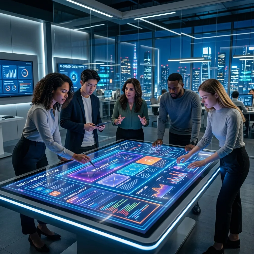 A futuristic corporate team of creative professionals collaborating around a glowing interactive table display generating web layouts using AI