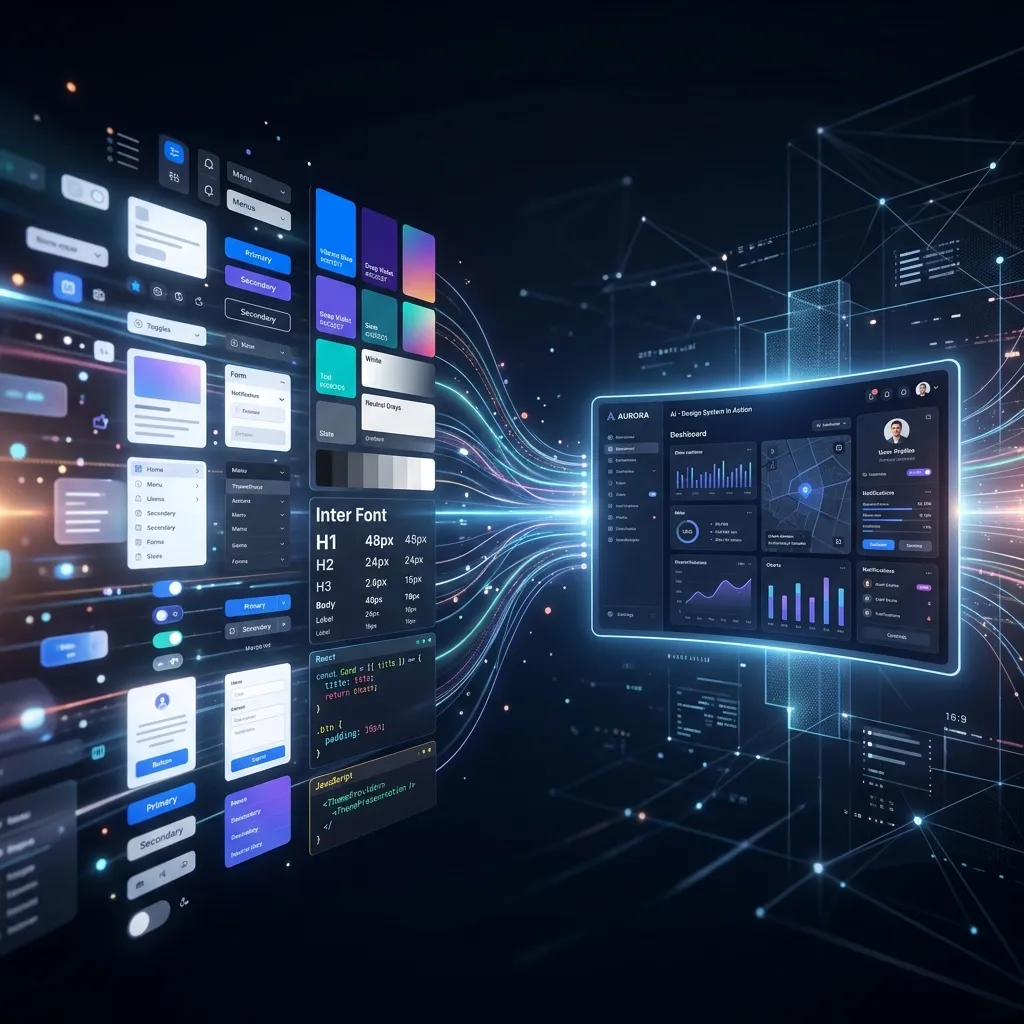 A sleek abstract representation of an AI design system, visualizing floating UI components, color palettes, typography, and code blocks merging together seamlessly