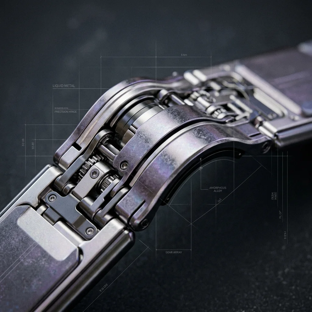 Close-up macro concept art of Apple's liquid metal alloy hinge mechanism for the foldable iPhone — precision-engineered amorphous metal alloy with a pearl-silver shimmering surface