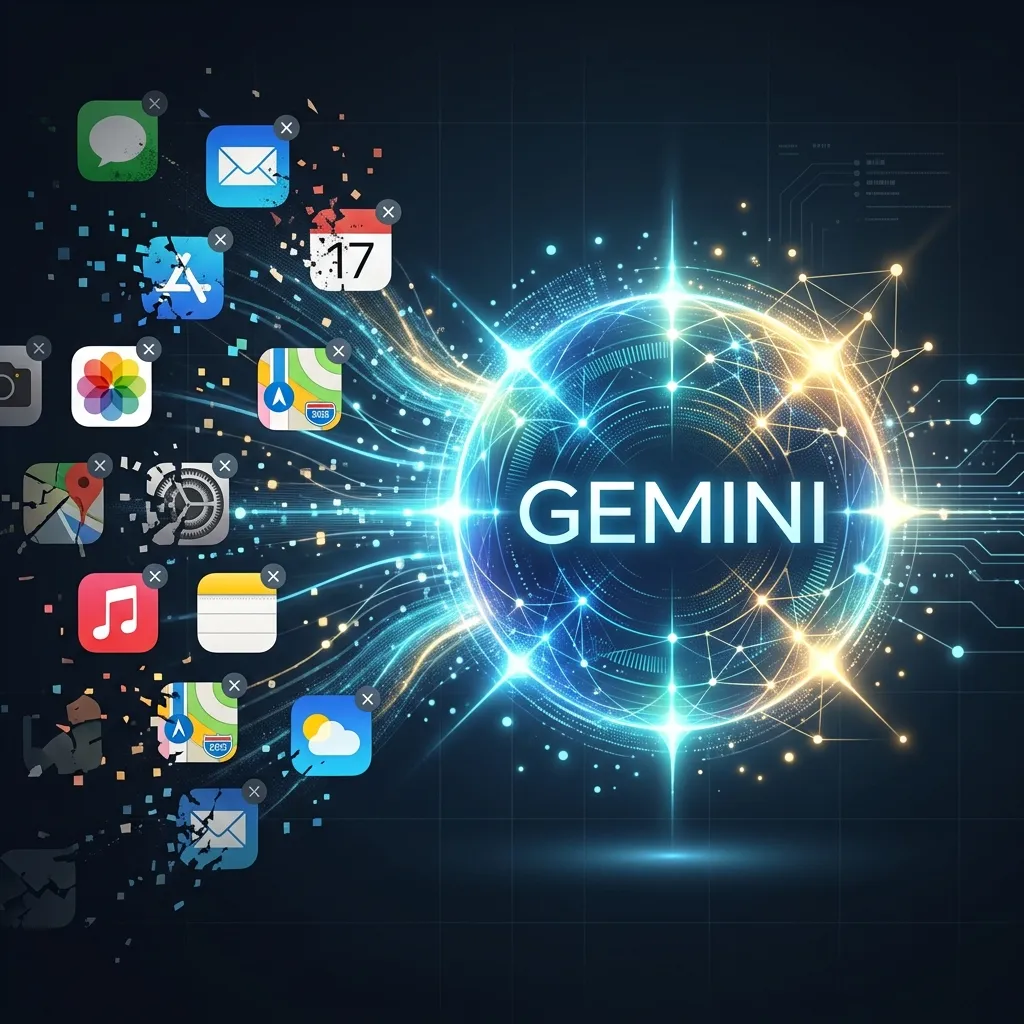 A digital illustration of old smartphone standalone apps being deleted and replaced by a central glowing AI core representing Gemini