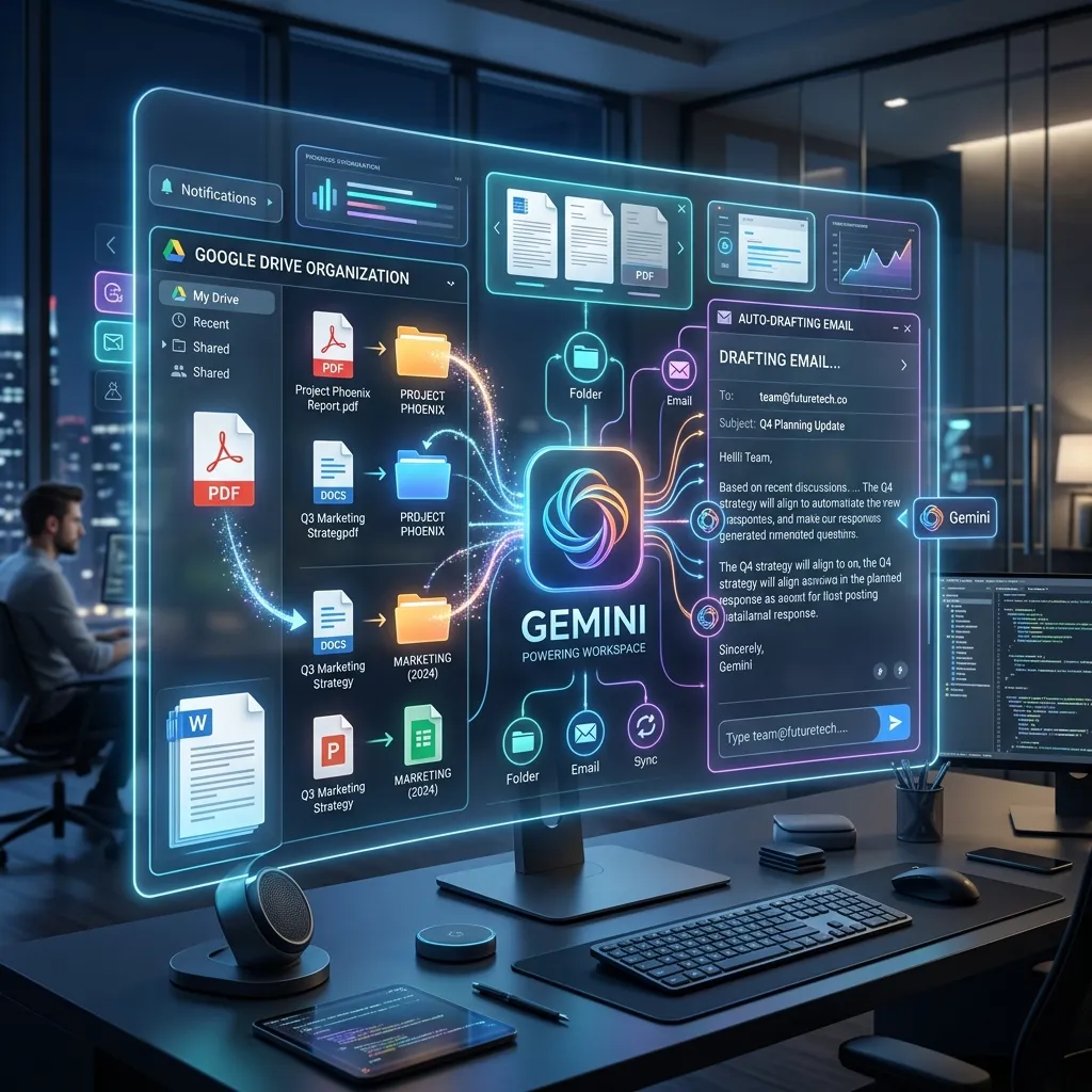 A futuristic digital workspace showing Gemini AI organizing Google Drive documents and drafting emails automatically