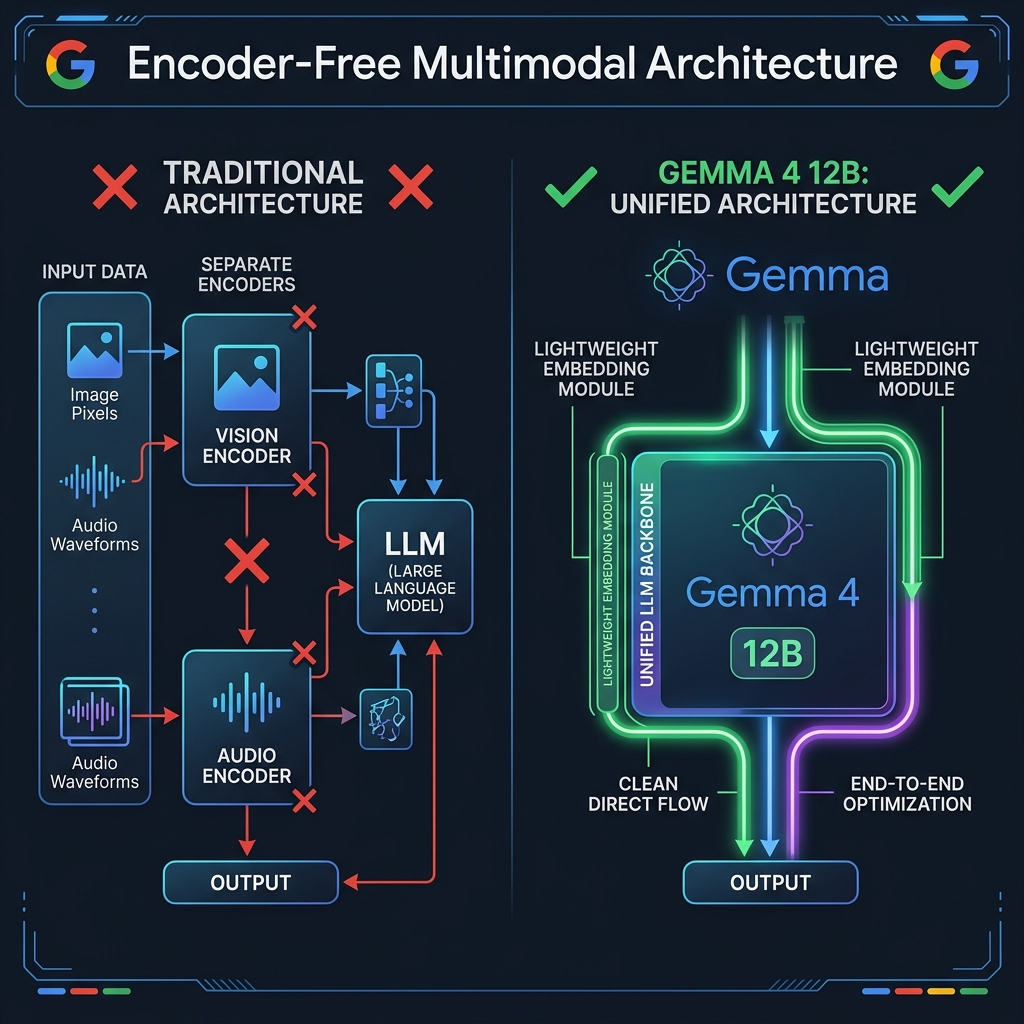 Comparison diagram: Traditional multimodal AI architecture with separate vision and audio encoders vs Gemma 4 12B's encoder-free unified architecture where inputs flow directly into the LLM backbone