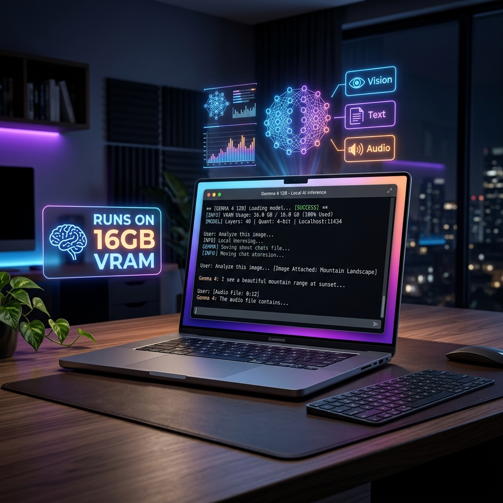 Gemma 4 12B running locally on a laptop with 16GB VRAM — terminal showing model inference with multimodal chat interface and audio input