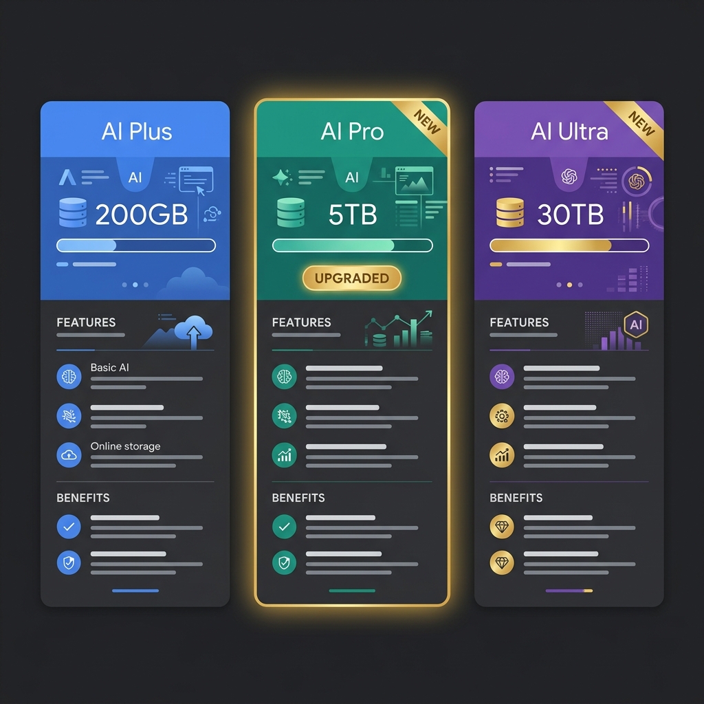 Side-by-side comparison of Google AI Plus (200GB), AI Pro (5TB - highlighted as upgraded), and AI Ultra (30TB) subscription tiers.