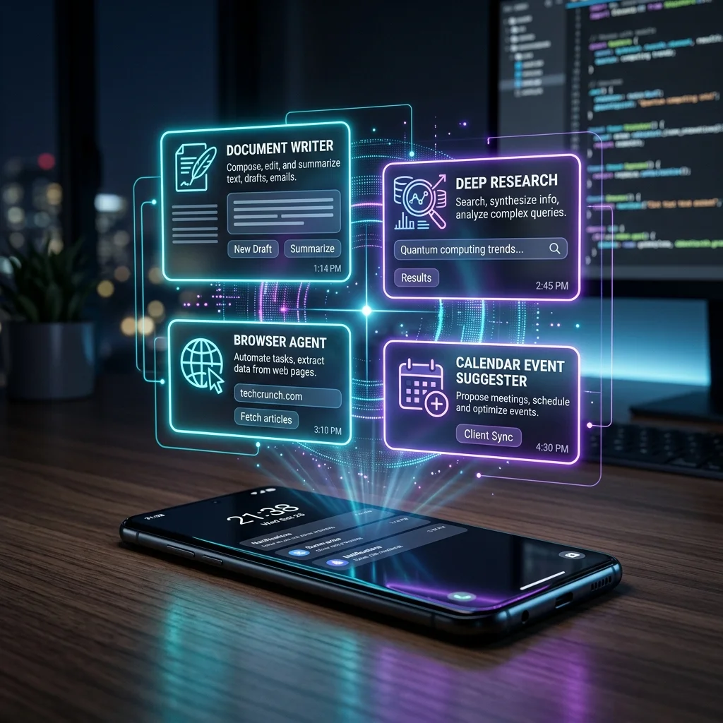 Holographic interface showing multiple AI capabilities like Document Writer and Deep Research above a smartphone