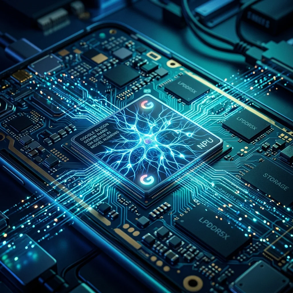 Conceptual visualization of Google Gemini Nano AI running locally on a mobile device chip