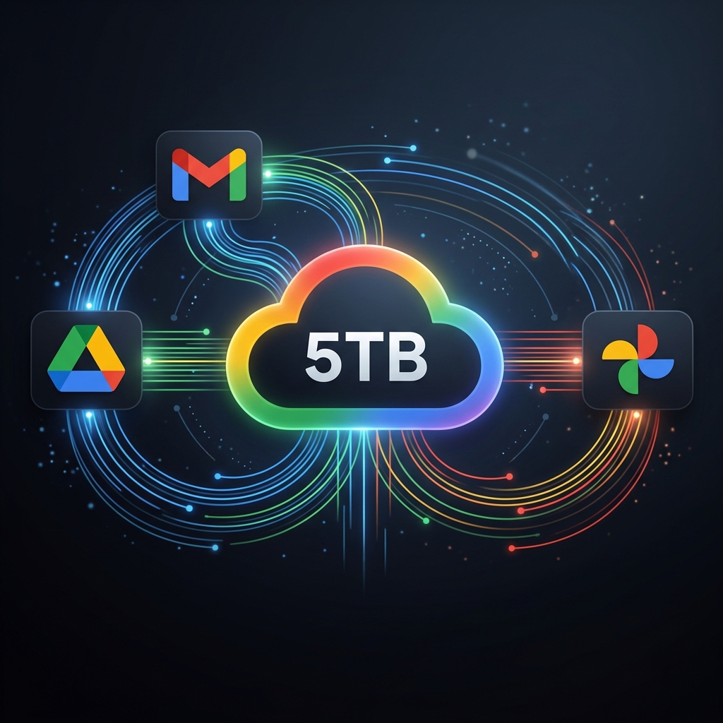 Google Drive, Google Photos and Gmail connected by data streams sharing the 5TB storage pool under the Google AI Pro subscription.