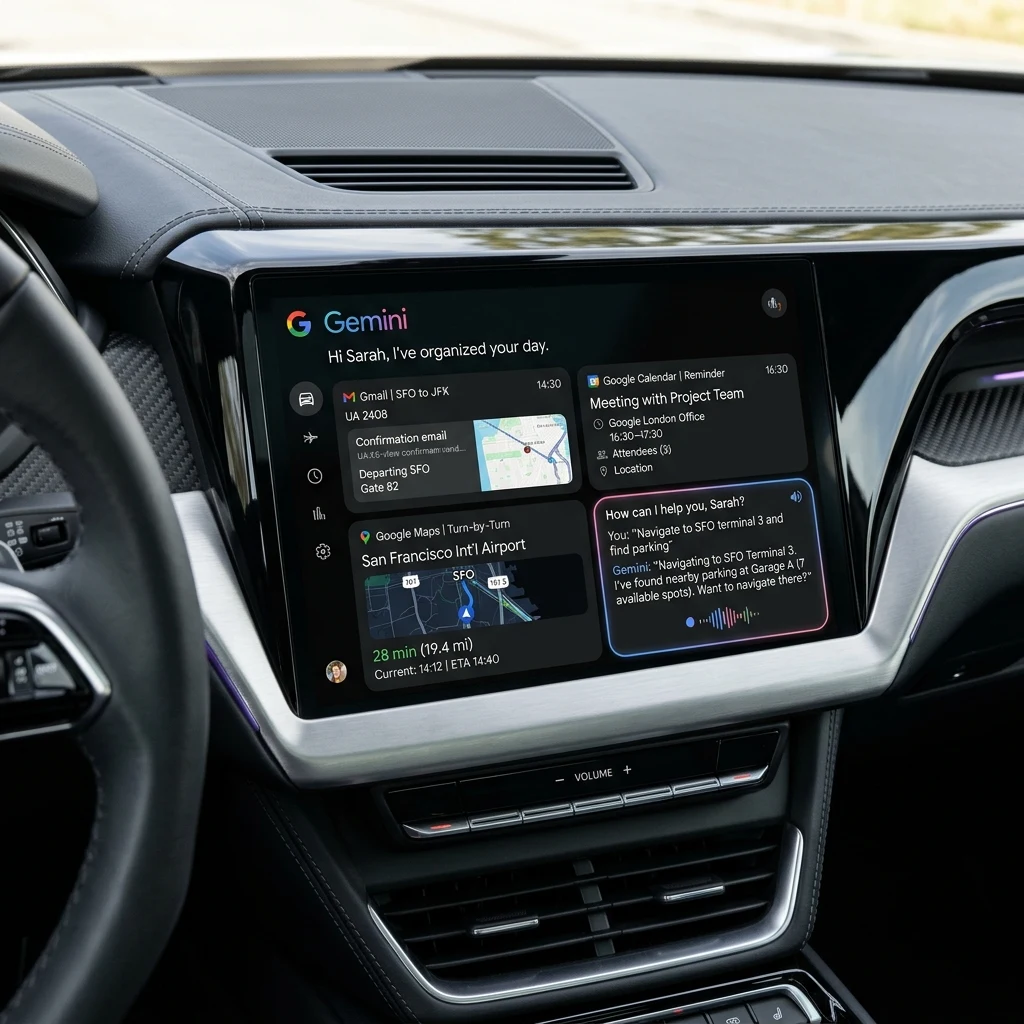 Center console touch display showing cross-app card synthesis between Gmail, Calendar, and Google Maps