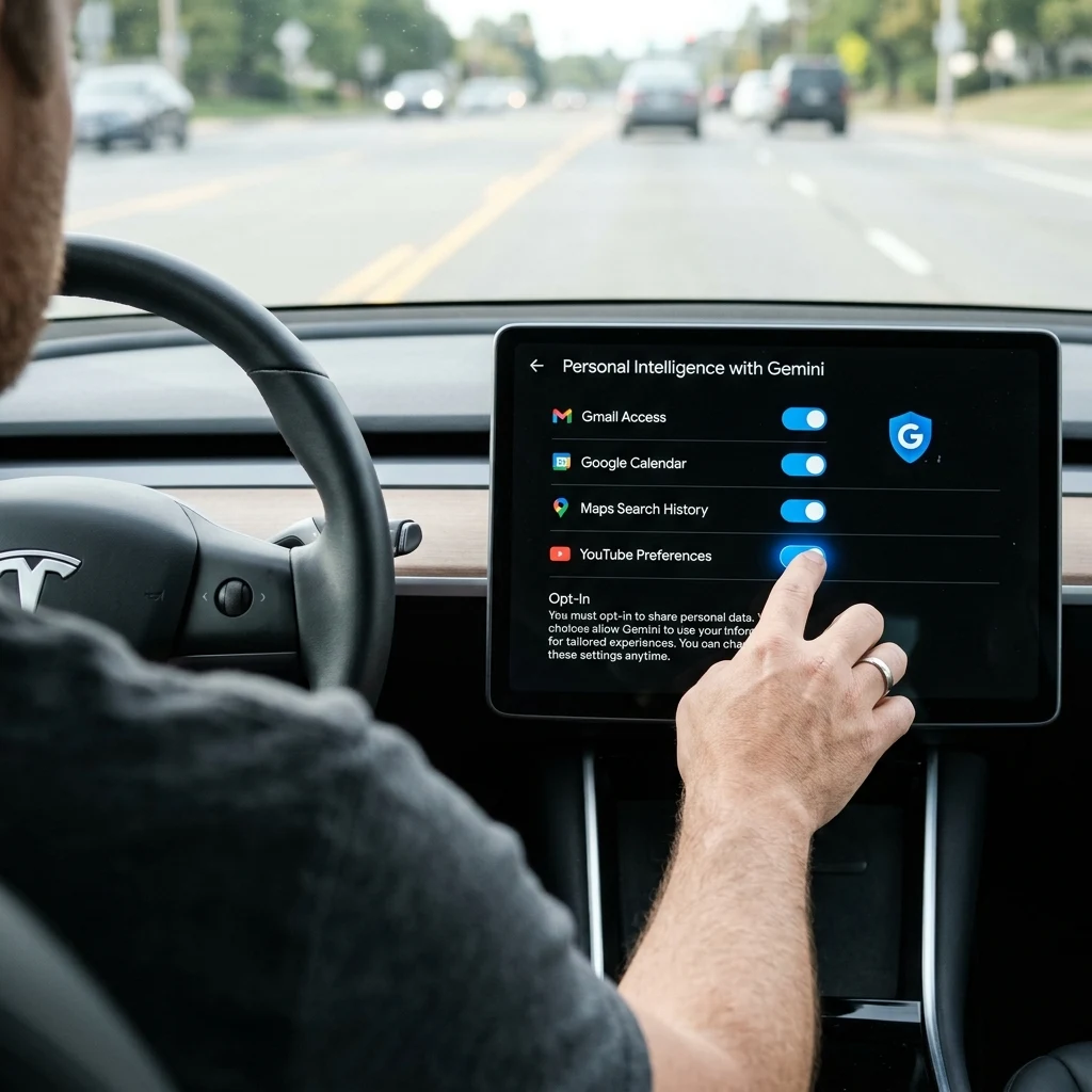 Driver configuring granular app permissions and opt-in settings for Gemini Personal Intelligence