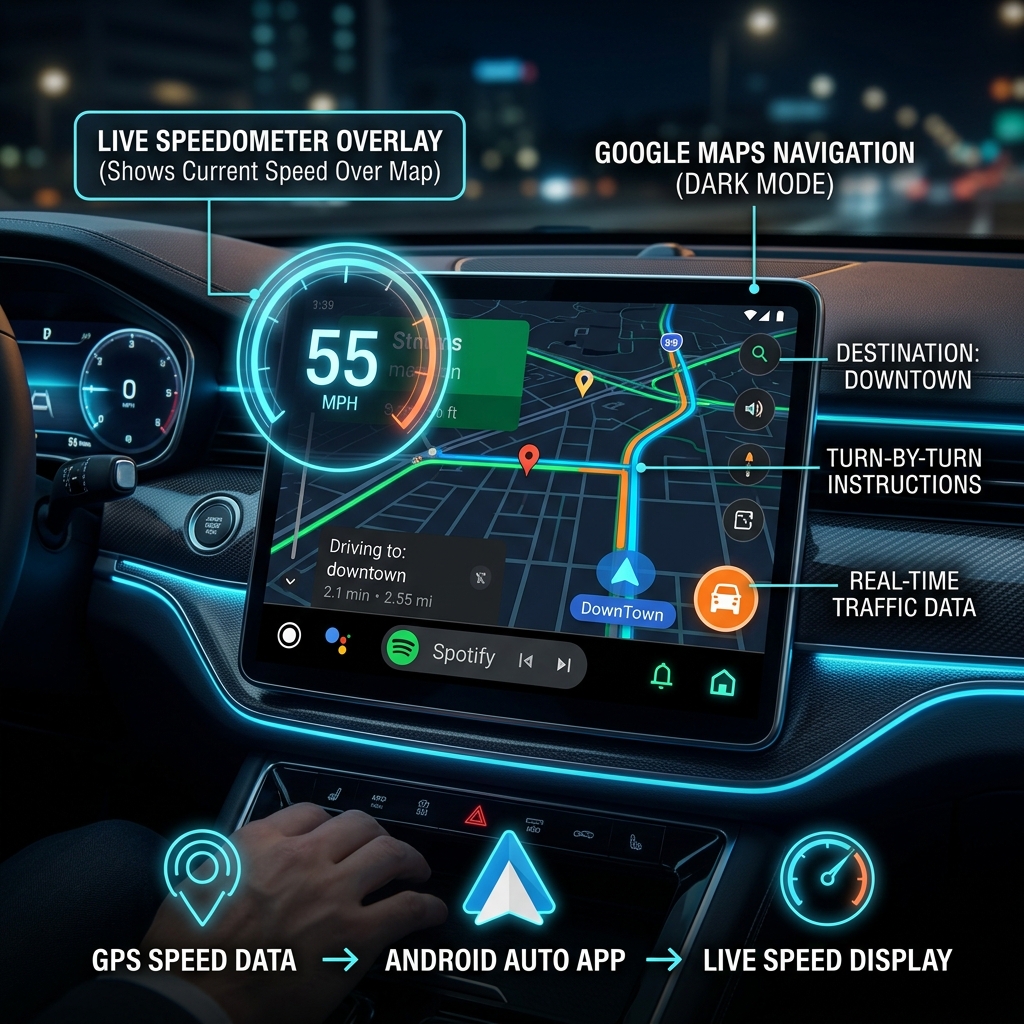 Live speedometer overlay on Google Maps Android Auto