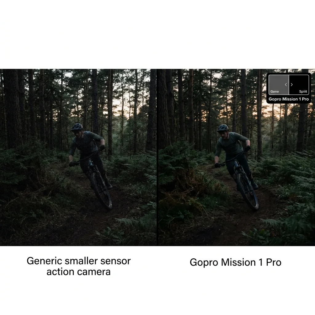 GoPro Mission 1 Pro low light video quality comparison - forest at dusk footage quality vs competitor