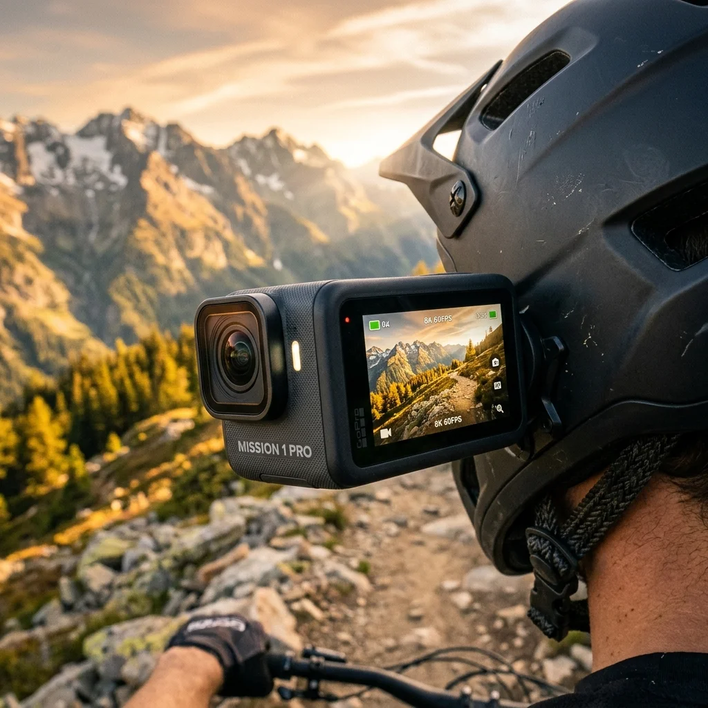 GoPro Mission 1 Pro action camera mounted on a helmet for mountain biking with 8K footage display