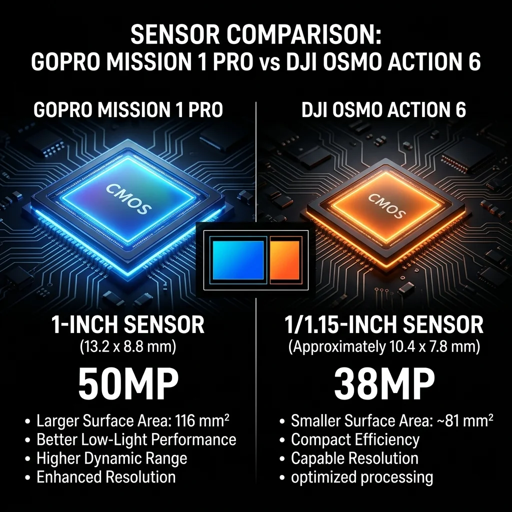 GoPro Mission 1 Pro 1-inch sensor size compared to DJI Osmo Action 6 sensor diagram