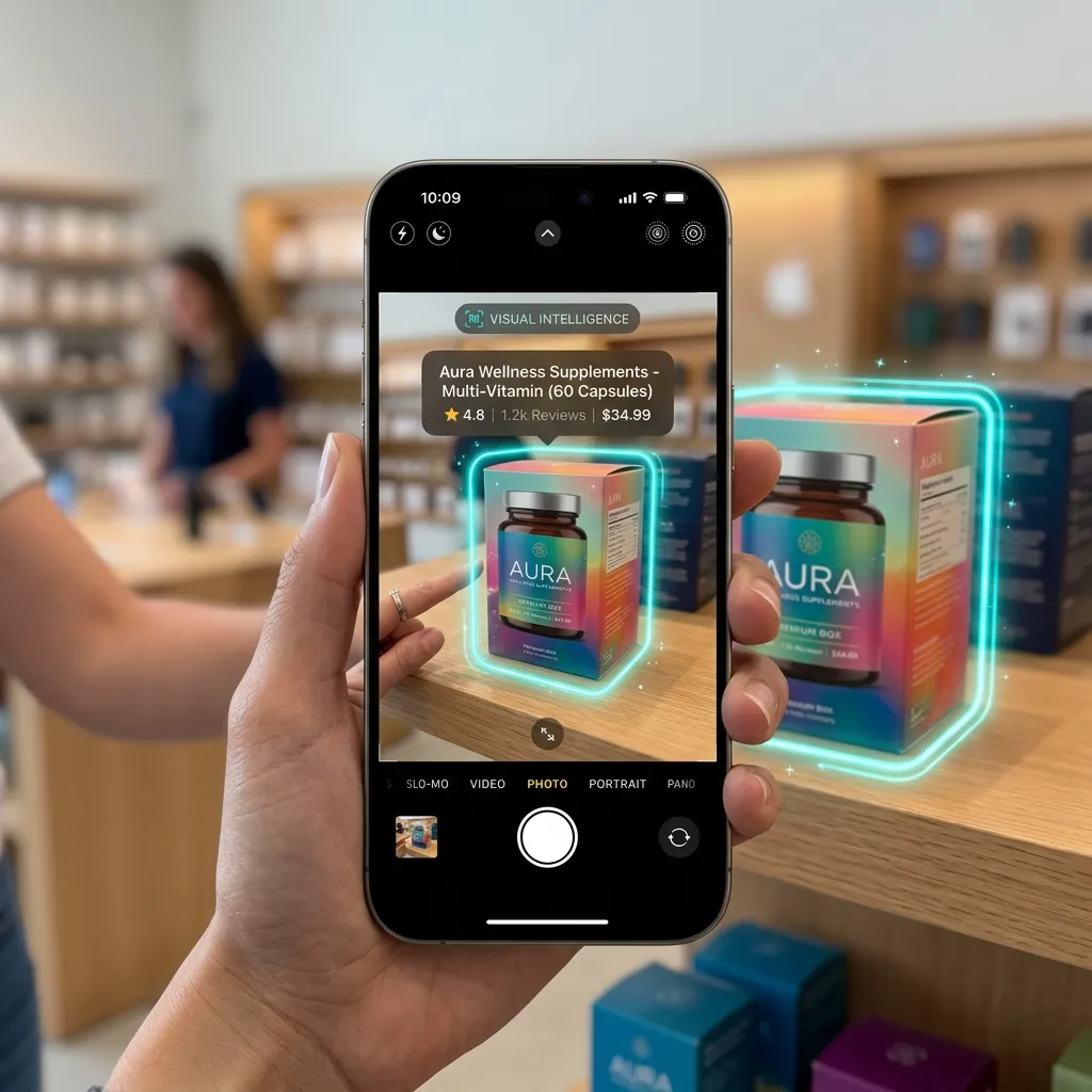 Concept of the iPhone camera app UI showing visual intelligence scanning a product