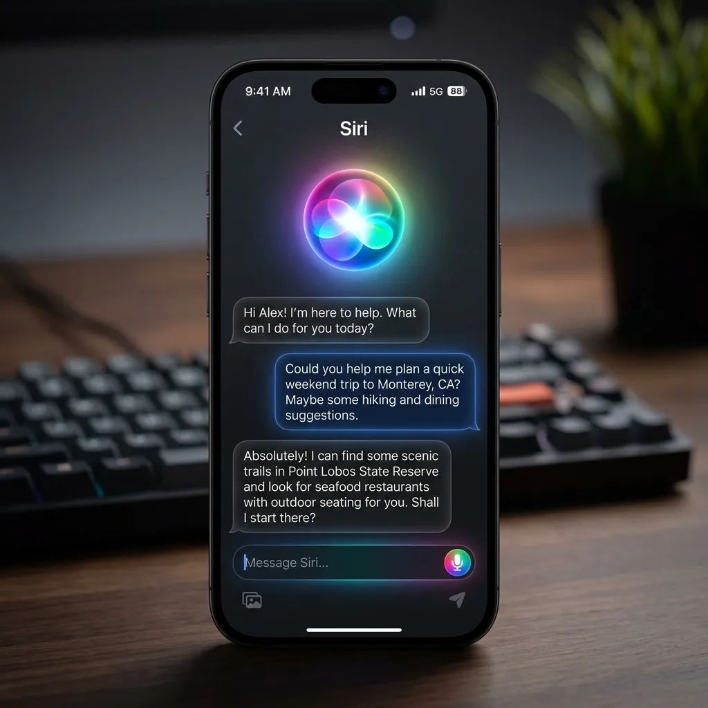 Concept UI of a standalone Siri chatbot app on an iPhone in dark mode