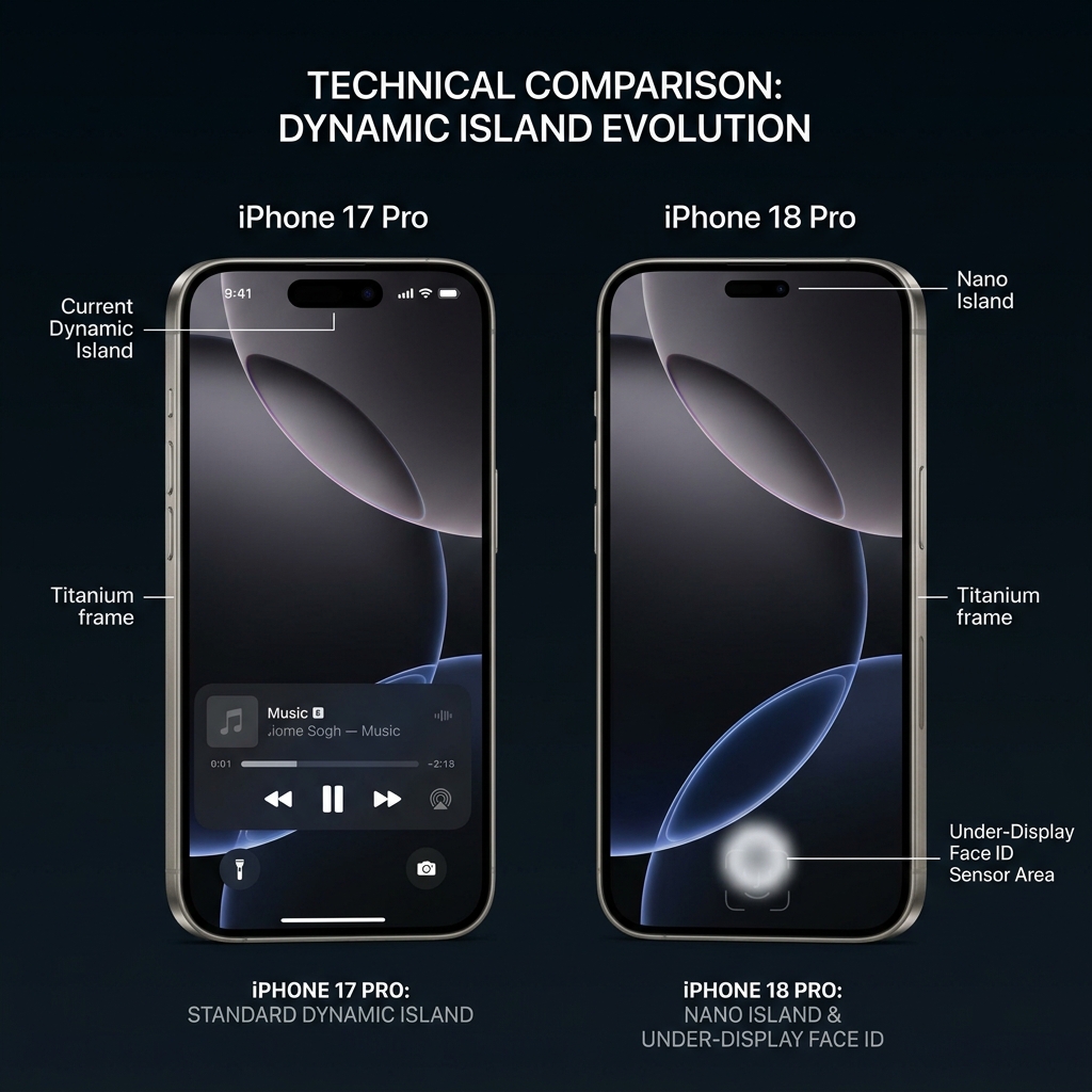 Side-by-side comparison concept art: iPhone 17 Pro Dynamic Island (current size) versus iPhone 18 Pro speculated Nano Island (significantly smaller) with under-display Face ID indicator.