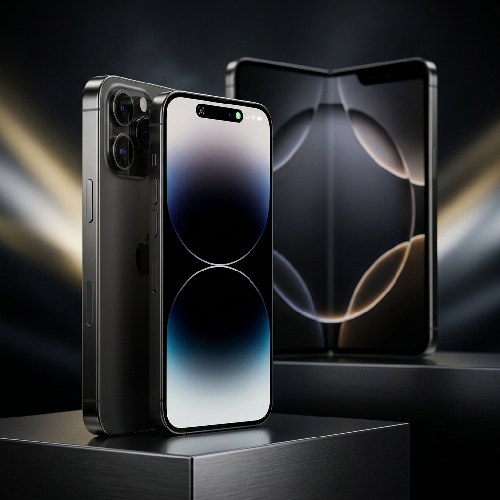 iPhone 18 Pro Max concept render in Titanium Black showcasing the Nano Island design, with the speculative iPhone Fold blurred in the background.
