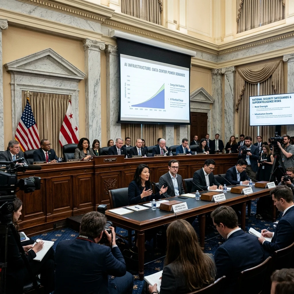 Congressional hearing room with lawmakers and AI executives discussing data center power grids and national security