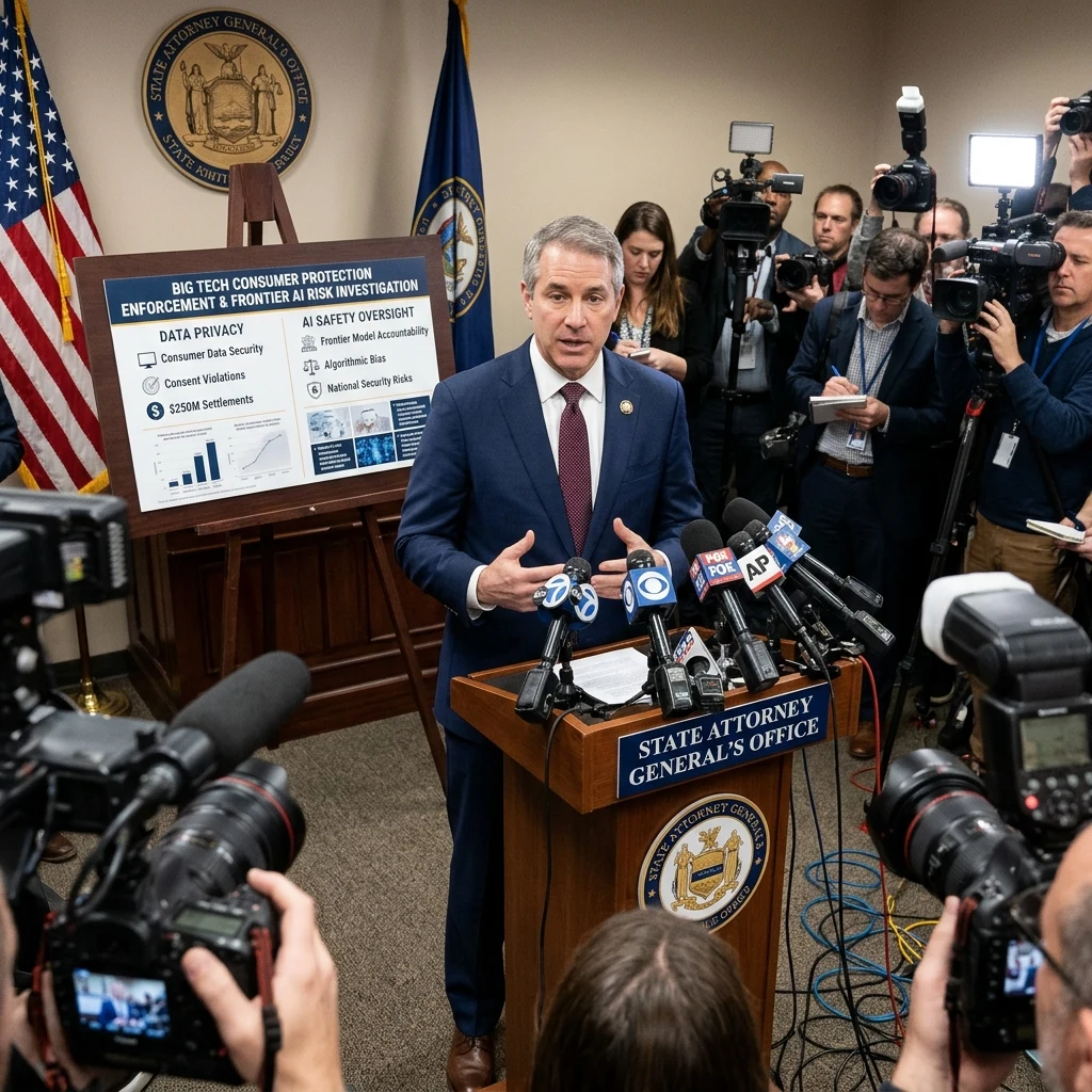 New Mexico Attorney General Raúl Torrez speaking at a press conference announcing tech investigations