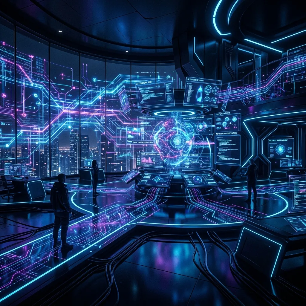 Futuristic workspace where advanced artificial intelligence streams replace traditional workers