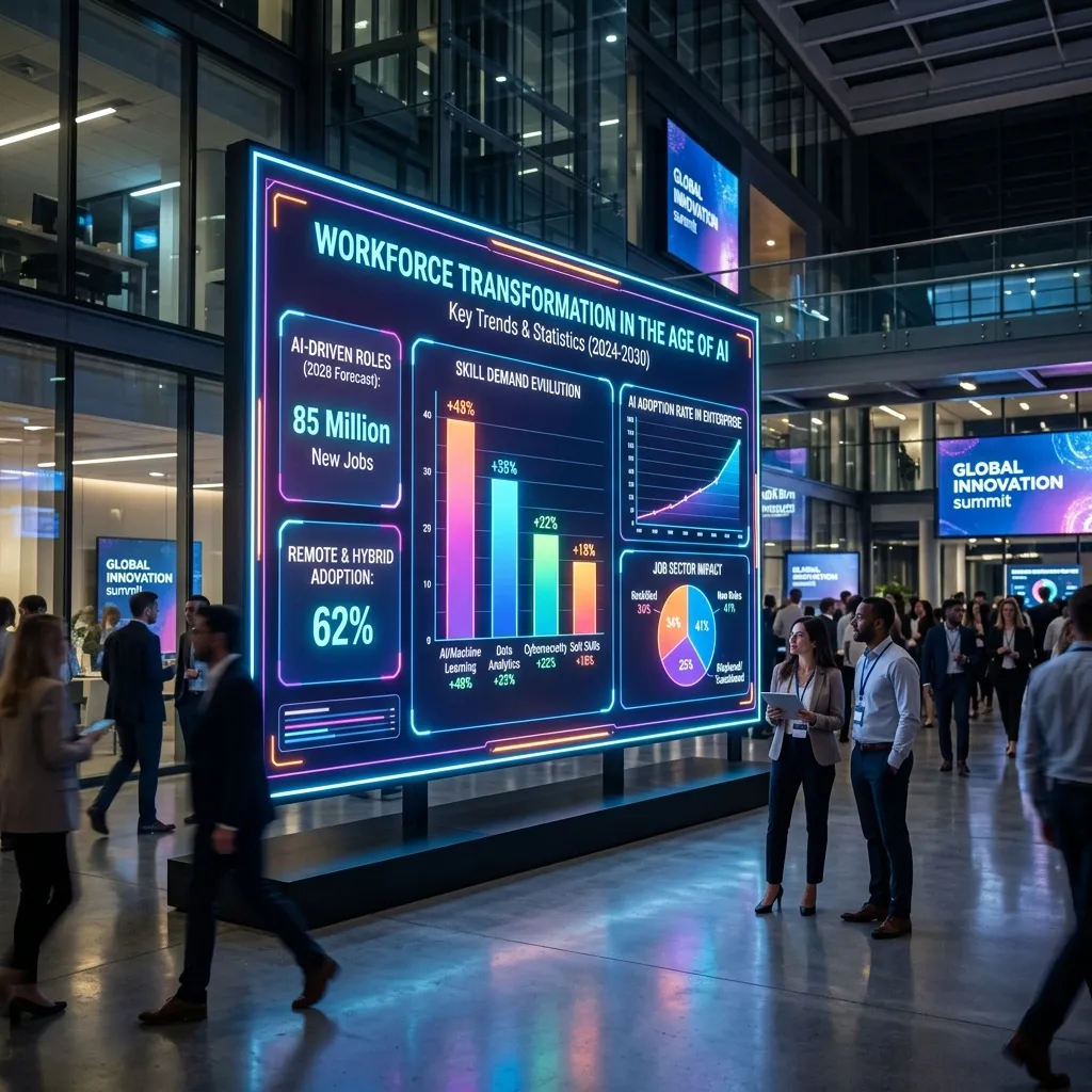 Futuristic presentation board displaying graphs about workforce transformation towards Artificial Intelligence