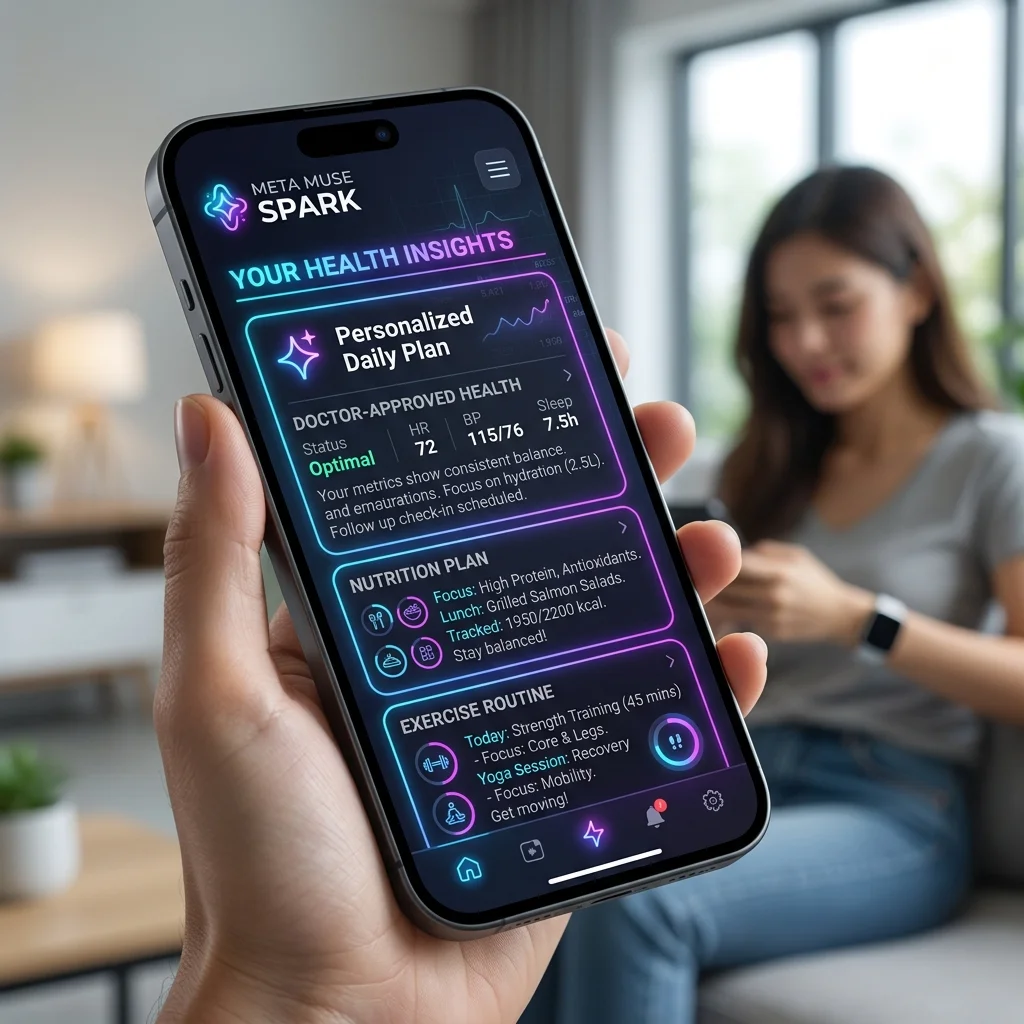 Concept art of an AI interface showing Meta Muse Spark providing detailed health, nutrition, and exercise advice with glowing neon aesthetics.