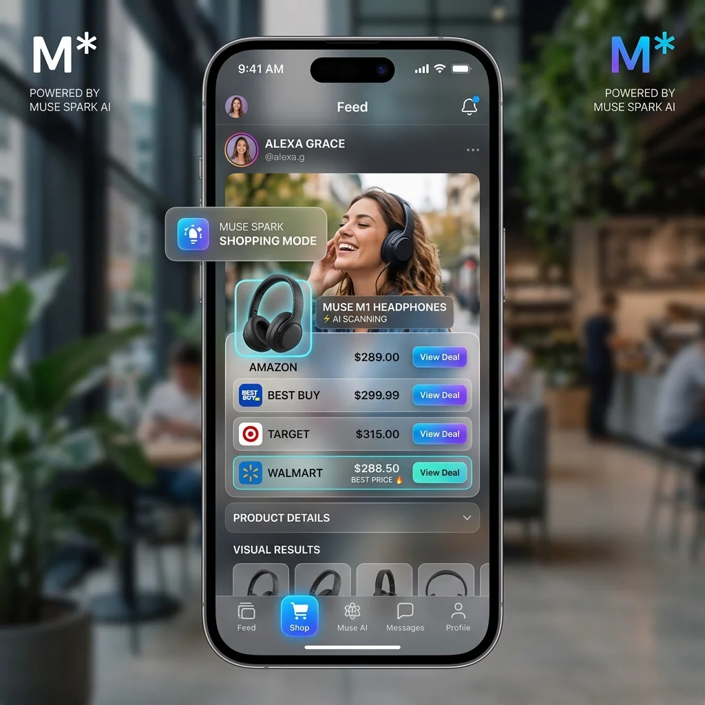 A modern UI mockup of an AI-powered 'Shopping Mode' in a social media app powered by Meta Muse Spark, featuring vibrant design.