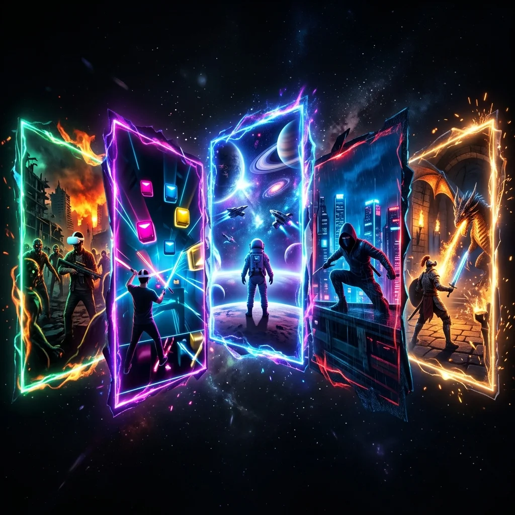 Meta Quest VR games collage — zombie survival, rhythm, space, stealth and dungeon games in summer sale 2026