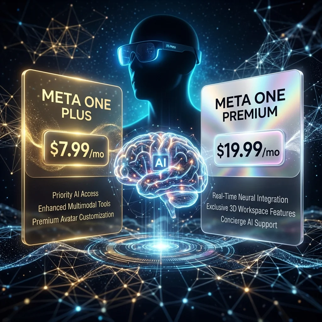 Meta One AI subscription plans concept art — Meta One Plus ($7.99/mo) and Meta One Premium ($19.99/mo) with neural network visualization and Meta AI glasses