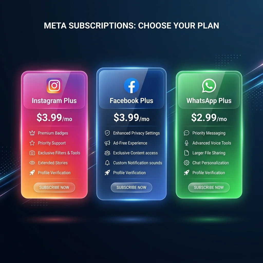 Meta Plus subscription plan pricing tiers: Instagram Plus $3.99/month, Facebook Plus $3.99/month, WhatsApp Plus $2.99/month — glassmorphism UI concept