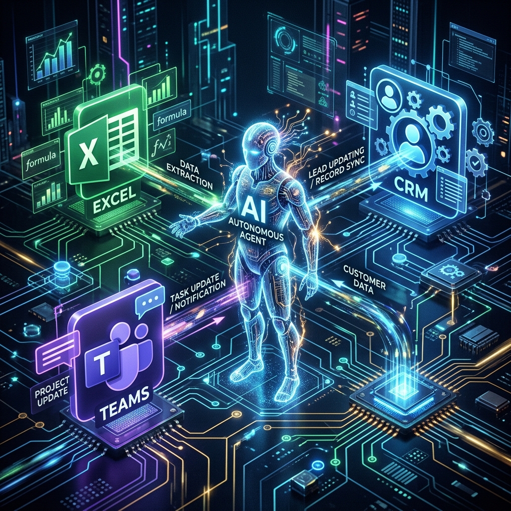 Conceptual representation of an AI agent autonomously navigating between Microsoft Excel, Teams, and a CRM to complete a task via glowing data nodes.